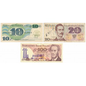 Solidarity, 10-100 zloty 1982-88 - with propaganda stamps (3pcs)
