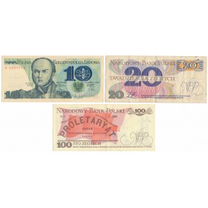 Solidarity, 10-100 zloty 1982-88 - with propaganda stamps (3pcs)