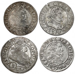 Schlesien, 3 krajcars 1630-1670, Breslau, Klodzko und Olomouc, Satz (4pc)