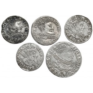 Sigismund III Vasa, Trojaks 1595-1624 and Sixpence 1621, set (5pcs)