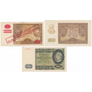 Okupační bankovky včetně 100 zlotých 1932 s FALEŠNÝM přetiskem GG (3ks)