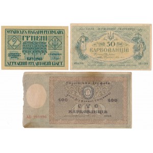 Ukraina, 2 hrywny, 50 i 100 karbowańców 1918 (3szt)