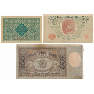 Ukrajina, 2 hřivny, 50 a 100 karbovek 1918 (3ks)