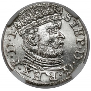 Stefan Batory, Trojak Ryga 1586 - duża głowa, zdobiony czepiec - piękny