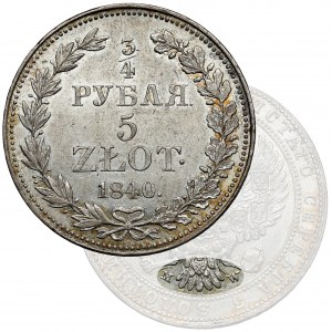 3/4 ruble = 5 zloty 1840 MW, Warsaw - spread tail - RARE