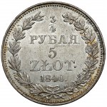 3/4 ruble = 5 zloty 1840 MW, Warsaw - spread tail - RARE