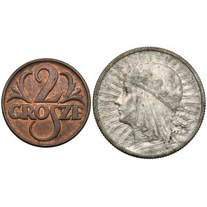 Głowa Kobiety 2 złote 1932 i 2 grosze 1938, zestaw (2szt)