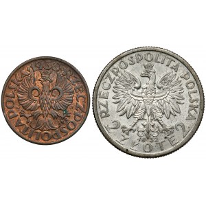 Kopf einer Frau 2 Gold 1932 und 2 Pfennige 1938, Satz (2Stück)