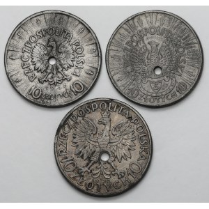 10 złotych 1932-1936 - skasowane - fałszerstwa z epoki (3szt)