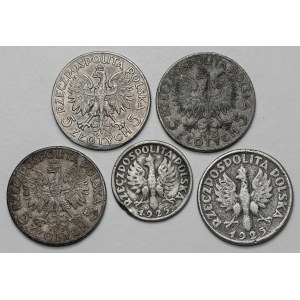 1, 2 i 5 złotych 1925-1933 - fałszerstwa z epoki (5szt)