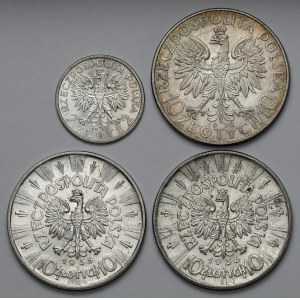 Hlava ženy, 2 a 10 zlatých 1932 a Pilsudski, 10 zlatých 1935-1936, sada (4ks)