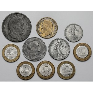 Dobové padělky francouzských mincí a 10 franků 1990-1992, sada (10ks)
