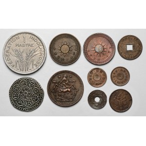 Indochiny Francuskie i Indie, zestaw monet brązowych i srebrna (10szt)