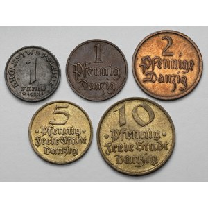 Danzig und das Königreich Polen, 1 bis 10 Fenig 1918-1937, Satz (5tlg.)