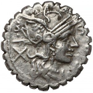 Republika, L. Licinius Crassus, Domitius Ahenobarbus a L. Cosconius (118 př. n. l.) Denar Serratus