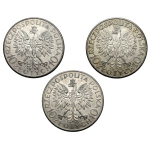 Głowa Kobiety 10 złotych 1932-1933, zestaw (3szt)