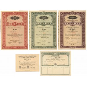 6% Staatsanleihe 1934, Anleihen 100-1.000 Zloty (3pc) + Diplome (2pc)