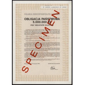 Obligacja Państwowa 5 mln zł 1989 - SPECIMEN