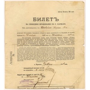 Permit for temporary residence in Warsaw from 1914