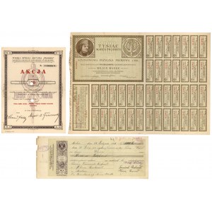 Státní požár. Premjowa, dluhopis 1 000 mkp 1920, PHARMA akce za 10 zl a WEKSEL (3ks)