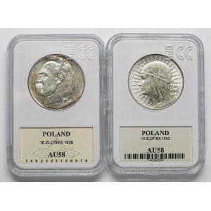 Head of a Woman 10 zloty 1932 zn, Warsaw and Pilsudski 10 zloty 1936, set (2pcs)