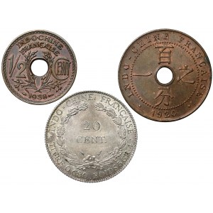 Französisch-Indochina, 1/2 bis 20 Centimes 1920-1938, Satz (3tlg.)