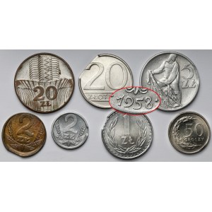 Zerstörte Münzen der Polnischen Volksrepublik und der Dritten Republik, darunter Rybak 1958 + Fälschungen (7 Stück)