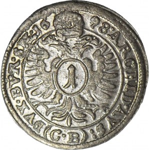 RR-, Śląsk, Leopold I, 1 krajcar 1698 CB, Brzeg, rzadki AVS:, menniczy