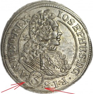 RR-, Śląsk, Józef I, Wrocław, 3 krajcary 1708 FN, OZDOBNY KARTUSZ