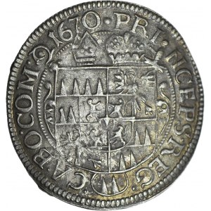 Austria, Ołomuniec biskupstwo, Karol II z Liechtenstein, 3 krajcary 1670, Kromieryż, piękne