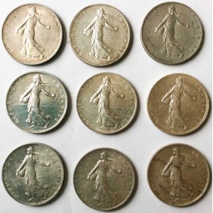 Francja, Trzecia Republika, Zestaw dziewięciu monet srebrnych 2 franki, bardzo ładne