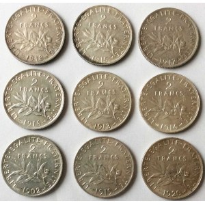 Francja, Trzecia Republika, Zestaw dziewięciu monet srebrnych 2 franki, bardzo ładne