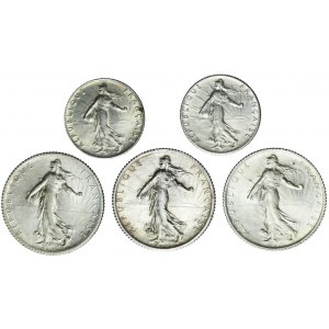 Francja, Trzecia Republika, Zestaw pięciu monet srebrnych, bardzo ładne