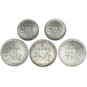 Francja, Trzecia Republika, Zestaw pięciu monet srebrnych, bardzo ładne