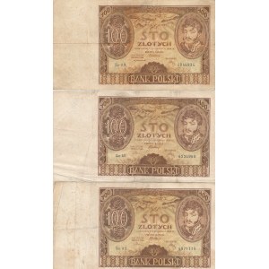 Zestaw 3 szt. 100 złotych 1932 ser. AN z dodatkowymi kreskami, sr. AV i AX z dodatkowym wodnym +X+