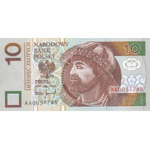 10 złotych 1994, druk TDLR Londyn, AA 0037745, kolor wpadający w pomarańcz