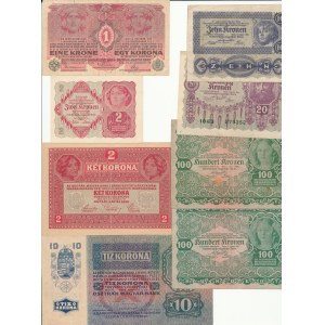 Zestaw Austria, 1, 2, 10, 20 i 100 Koron z lat 1915, 1916, 1917, 1922