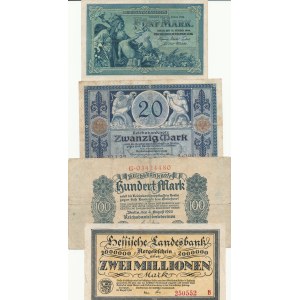 Zestaw 4 szt. Niemcy, 5 marek 1904, 20 marek 1915, 100 marek 1922, 2 miliony marek 1923