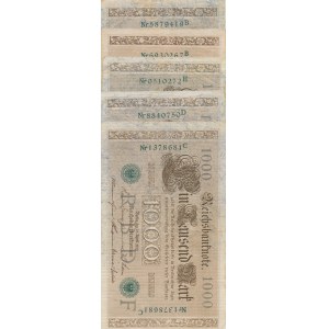 Zestaw 5 szt. Niemcy, 1000 marek 1910, zielona pieczęć