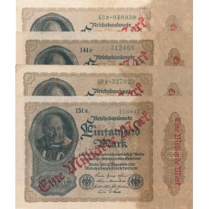 Zestaw 4 szt. Niemcy, 1 miliard marek 1923, nadruk na banknocie 1000 marek 1922