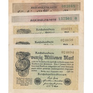 Zestaw 5 szt. Niemcy, 3 SZT. 20 i 2 SZT. 50 milionów marek 1923