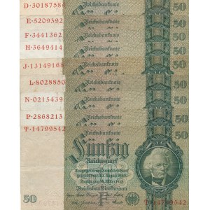 Zestaw 9 szt. Niemcy, 50 marek 1933, seria każda inna: D, E, F, H, J, L, N, P, T