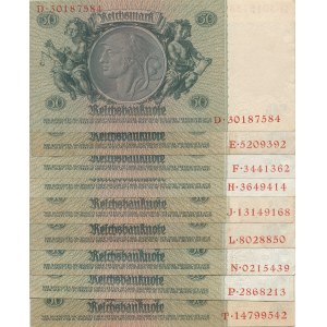 Zestaw 9 szt. Niemcy, 50 marek 1933, seria każda inna: D, E, F, H, J, L, N, P, T