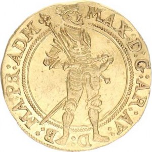 Maximilián - arcivévoda (1612-1618), Dukát b.l. (1592-1599), Tyroly Hall var.: písmeno D mezi noham