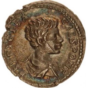 Geta (209-212), Denár, stoj.císař ve zbroji, vedle trofeje na štítu