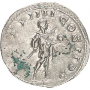 Gordianus III. (238-244), Antoninián, kráč. císař zprava ve vojenském oděvu nese oštěp a gl