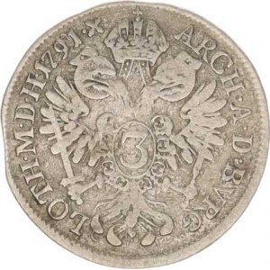 Leopold II. (1790-1792), 3 kr. 1791 A, mír. kraj. stř.