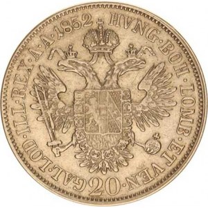 František Josef I.(1848-1918), 20 kr. 1852 C - hlava vlevo RR 6,602 g
