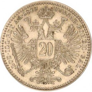 František Josef I.(1848-1918), 20 kr. 1869 b.zn., tém.