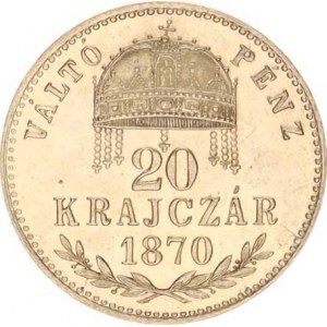 František Josef I.(1848-1918), 20 kr. 1870 KB R excelentní stav, tém. Proof